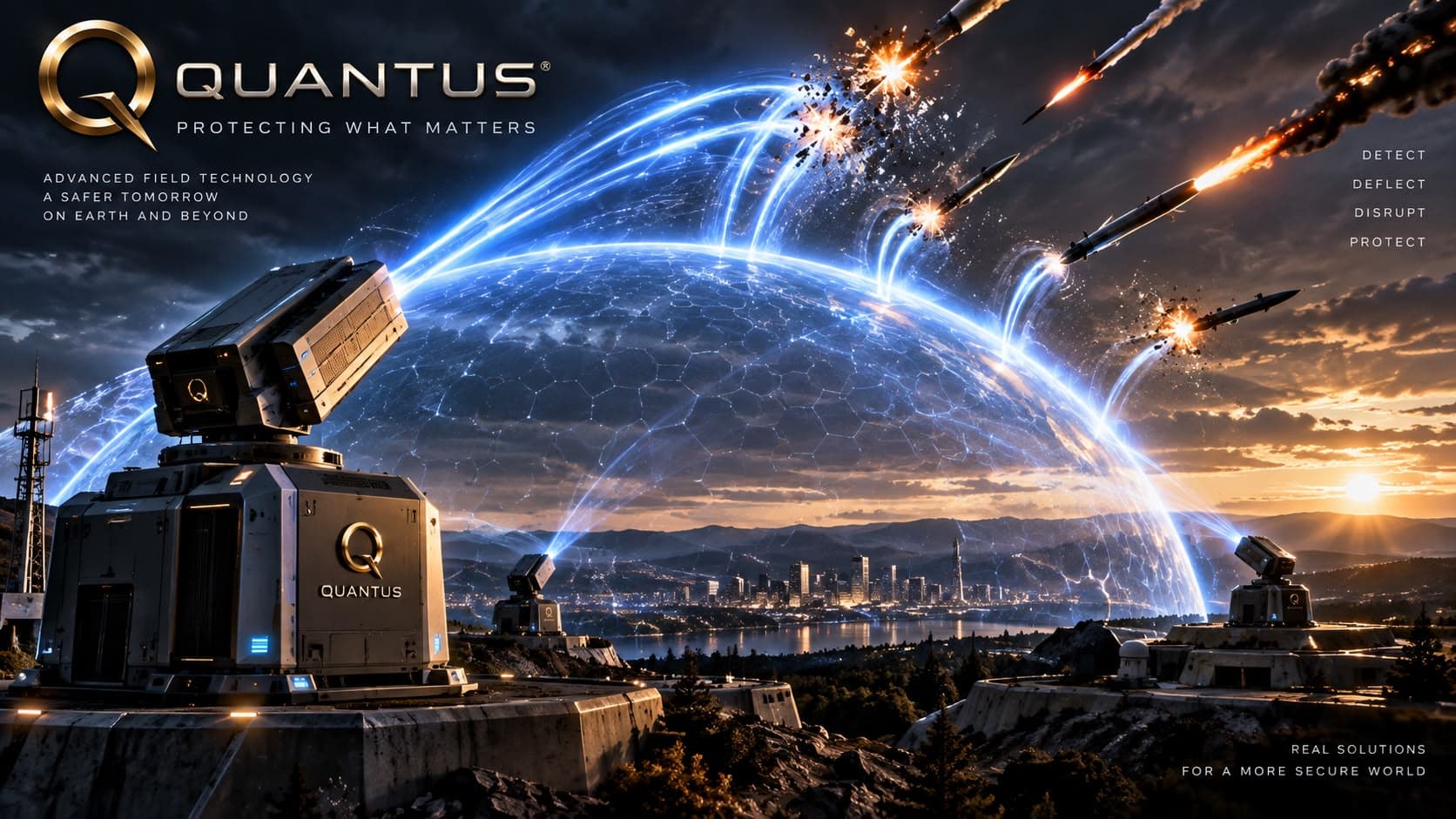 Concept render of ground-based field emitters projecting a luminous protective dome over a city at dusk while incoming projectiles are turned aside.