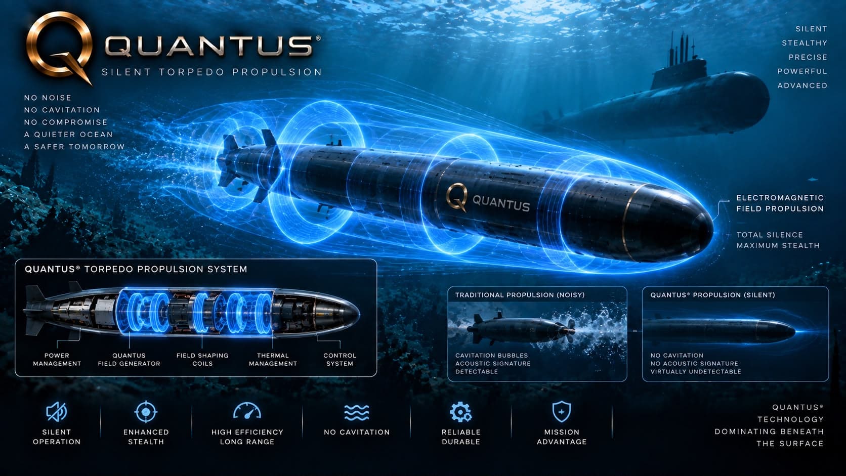 Concept render of an underwater vehicle surrounded by ring-shaped blue field structures, with a cutaway diagram of a notional field-drive layout.